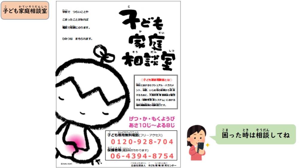 子ども家庭相談室。子ども専用無料電話は、0120、928、704。保護者の電話は、06、4394、8754。